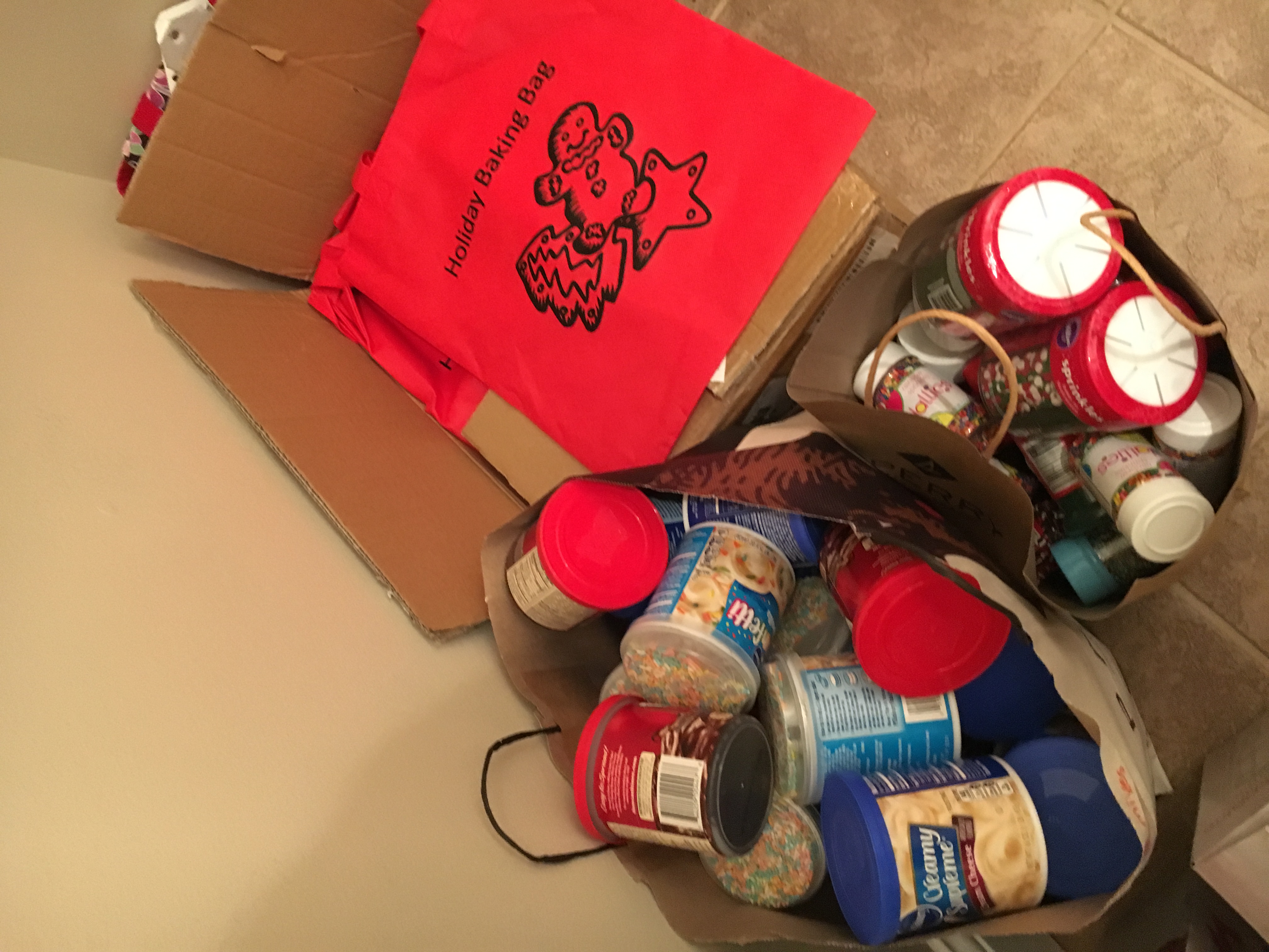 Gingerbread man collection bin for Fairfield Food Pantry Christmas Baking Bags 2016